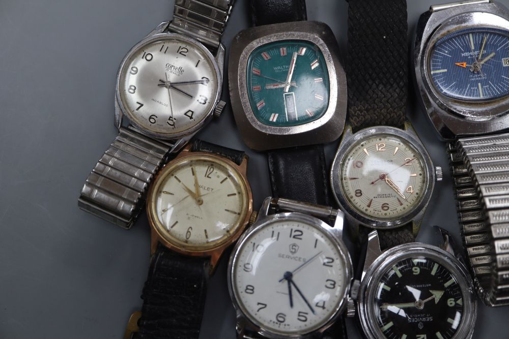 Ten assorted gentlemans wrist watches including Memostar Alarm, Cyma and Corvette.